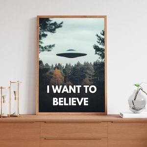 May include: A framed print with a black background and white text that reads "I WANT TO BELIEVE". The image features a flying saucer over a forest.