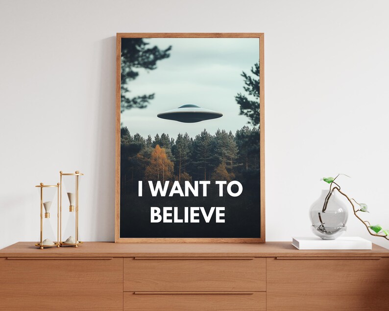 May include: A framed print with a black background and white text that reads "I WANT TO BELIEVE". The image features a flying saucer over a forest.