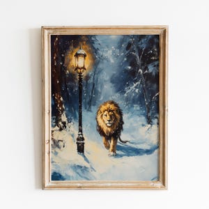 May include: A painting of a lion walking through a snowy forest with a lit street lamp in the background. The lion is facing the viewer and has a golden mane. The forest is dark and mysterious, with snow covering the ground.