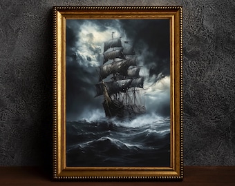 Oil Paint Stormy Sea Ship,Coastal & Ocean Aesthetic Dark Academia Decor,Moody Antique Art,Vintage Seascape,Dark Beach Art,Moody Ocean Prints