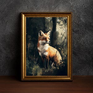 Antique Fox Oil Painting,Dark Academia Wall Art, Gothic Fox Room Decor, Rustic Cottagecore Fox Print, Vintage Animal Wall Art,Fox Lover Gift