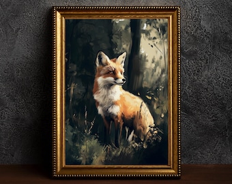 Antiek Fox-olieverfschilderij, Dark Academia Wall Art, Gothic Fox Room Decor, Rustieke Cottagecore Fox Print, Vintage Animal Wall Art, Fox Lover Gift