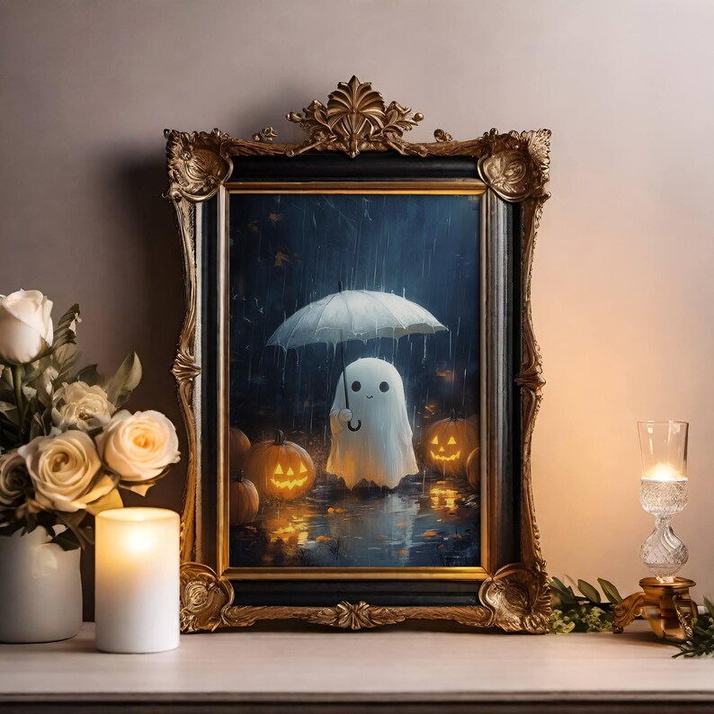 Ghost Holding Umbrella in the Rain, Halloween Wall Art, Ghost Print