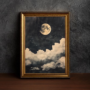 Vintage Enchanting Celestial Moon Art,Celestial Full Moon,Night Art,Vintage Landscape,Moon Art,Night Sky Painting,Dark Academia