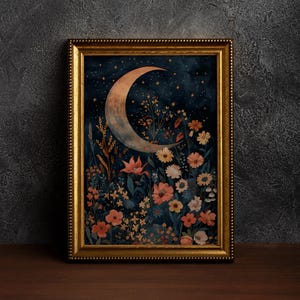 Vintage Enchanting Celestial Moon,Celestial Moon Art,Night Art,Vintage Landscape,Moon and Flowers,Night Sky Painting,Dark Academia Moon