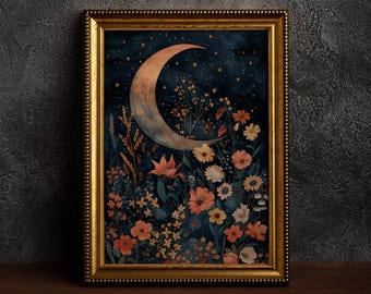 Vintage bezaubernder himmlischer Mond, himmlische Mondkunst, Nachtkunst, Vintage Landschaft, Mond und Blumen, Nachthimmel-Malerei, dunkler Academia-Mond