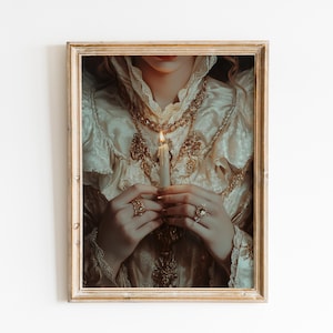 Victorian Woman with Candle-Baroque Wall Art, Dark Academia Decor,Renaissance Art Prints, Dark Moody Antique Art,Dagger Print,Altered Print