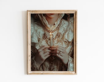 Victorian Woman with Candle-Baroque Wall Art, Dark Academia Decor,Renaissance Art Prints, Dark Moody Antique Art,Dagger Print,Altered Print