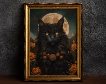 Black Cat with Full Moon,Dark Academia Wall Art, Gothic Cat Room Decor, Rustic Cottagecore Cat Print, Vintage Animal Wall Art,Cat Lover Gift