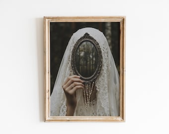 Victorian Woman with Mirror-Baroque Wall Art, Dark Academia Decor,Renaissance Art Prints, Dark Moody Antique Art,Dagger Print,Altered Print