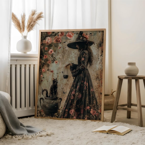 Floral Witch and Cat ,Mystical Witch,Witch Silhouette Print,Whimsical Art,Whimsical Witch,Haunted Witch,Witch and Black Cat,Halloween Witch