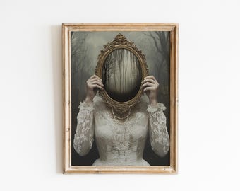 Victorian Woman with Mirror-Baroque Wall Art, Dark Academia Decor,Renaissance Art Prints, Dark Moody Antique Art,Dagger Print,Altered Print