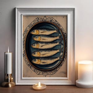 May include: A vintage illustration of a plate of sardines. The sardines are arranged in a circle on a blue plate with a white rim. The plate is surrounded by a decorative border.