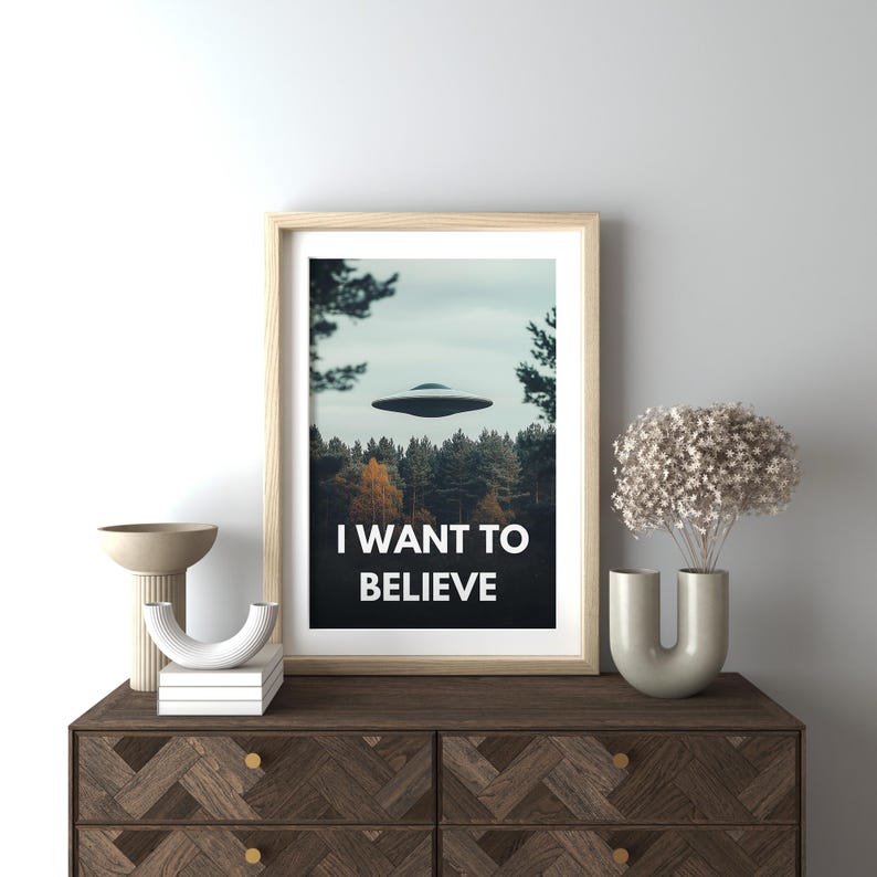 May include: A framed print with a photograph of a flying saucer over a forest. The text "I WANT TO BELIEVE" is printed below the image.