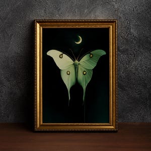 Vintage Emerald Green Moth and Moon, Floral Accents, Mystical Green, Dark Cottagecore Moth Print,Magical Midnight,Folk Art Syle Moth