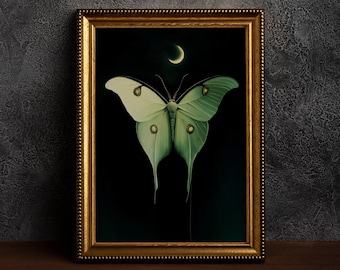 Vintage smaragdgroene nachtvlinder en maan, bloemenaccenten, mystiek groen, donkere Cottagecore nachtvlinderprint, magische middernacht, folkloristische nachtvlinder