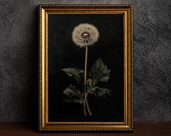 Impression d'art pissenlit | Art floral botanique dans Dark Academia, giclée Dark Academia, styles lugubres | Décoration murale élégante de pissenlit - Poster simple