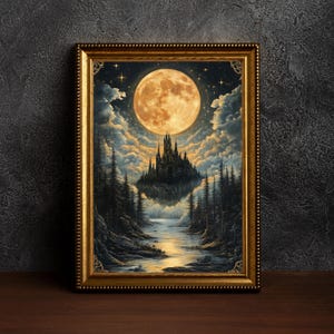 May include: A framed print of a dark castle on a small island surrounded by a forest. The castle is silhouetted against a large, full moon in a night sky with clouds and stars.
