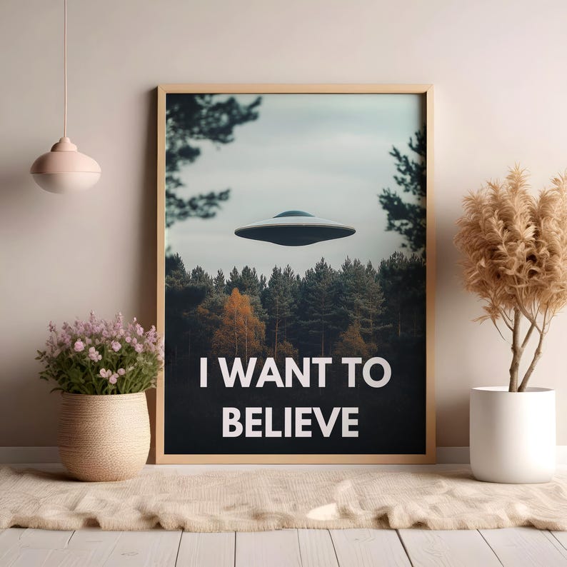 May include: A framed poster with a black and white image of a flying saucer over a forest. The poster has the text "I WANT TO BELIEVE" in white letters.