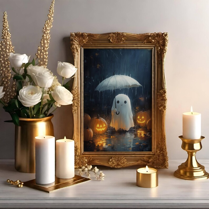 Ghost Holding Umbrella in the Rain, Halloween Wall Art, Ghost Print