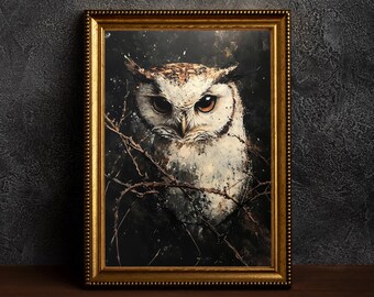 Rustic Owl, Dark Academia Botanical Print, Moody Wall Art, Gothic Oil Painting, Victorian Goth Décor ,Dark Moody Painting,Midnight Owl Print