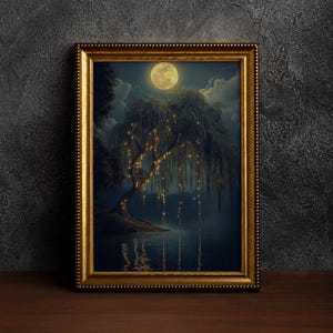 May include: A framed art print depicts a nighttime landscape with a full moon illuminating a weeping willow tree. The tree is adorned with glowing lights, reflecting in the calm water below. The frame is gold.