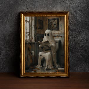 Fantôme sur les toilettes, oeuvre d'art murale d'Halloween, décoration de salle de bain fantaisiste, fantôme dans la salle de bain, décoration d'intérieur d'Halloween, décoration de salle de bain drôle-poster simple