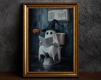 Ghost on Toilet ,Halloween Wall Art,Whimsigoth Bathroom Decor,Ghost in bathroom,Halloween Indoor Decor,Funny Bathroom Decor-Single Poster