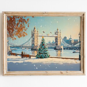 May include: A painting of Tower Bridge in London, England, covered in snow with a Christmas tree in the foreground.