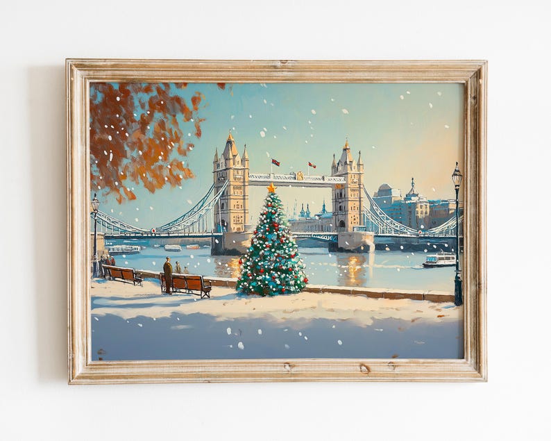 May include: A painting of Tower Bridge in London, England, covered in snow with a Christmas tree in the foreground.