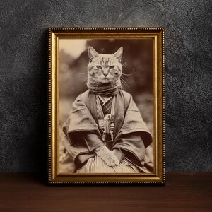 The Last Samurai-Dark Academia Gothic Prints,Cat Ninja Poster,Old Photo Cat,Occult Cat Poster,Nostalgic Fantasy Print,Karate Cat,Vintage Cat