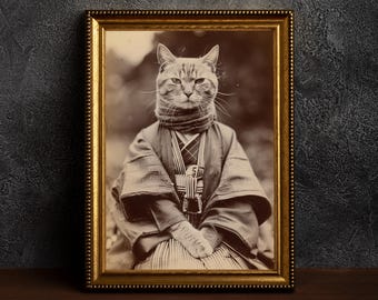 The Last Samurai-Dark Funny Cat Poster,Cat Ninja Poster,Old Photo Cat,Japan Cat Poster,Nostalgic Fantasy Print,Karate Cat,Vintage Cat