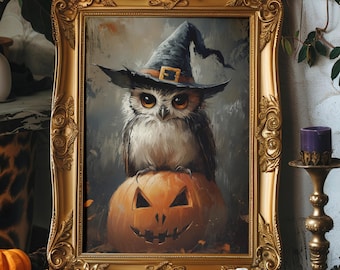 Uggla och pumpa - Halloween väggkonst, pumpa läskig konst, Halloween uggla väggkonst, Jack O'Lantern tryck, tryck av uggla, uggla Halloween, häxuggla