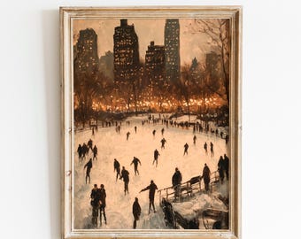 May include: A framed oil painting shows an ice skating scene in a city park at dusk. Silhouetted figures ice skate on a frozen pond, with illuminated buildings and trees in the background. The artwork has a vintage aesthetic, with a gold frame.