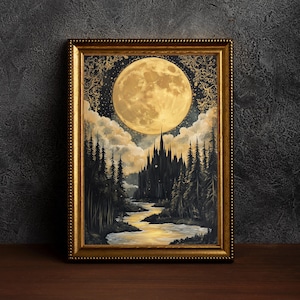 May include: A framed print of a dark forest scene with a castle in the distance. A large, full moon shines brightly in the night sky above the trees. The moon is a golden yellow color, and the forest is a dark green.