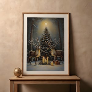 Deer and Christmas Tree Wall Art - Rustic Winter Deer Print, Festive ...