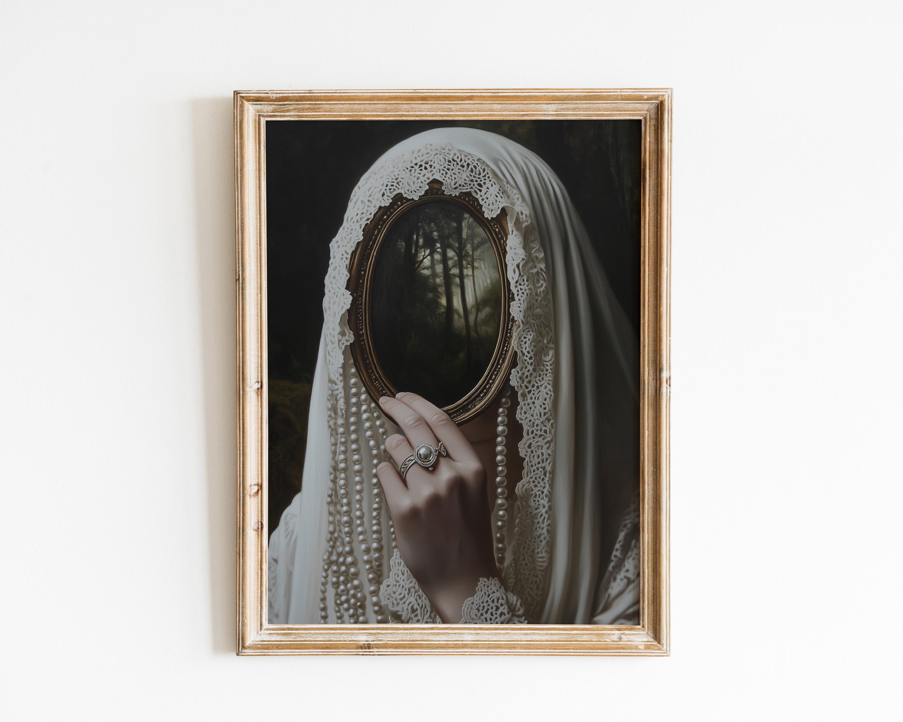 Victorian Woman with Mirror-Baroque Wall Art, Dark Academia Decor,Renaissance Art Prints, Dark Moody Antique Art,Dagger Print,Altered Print