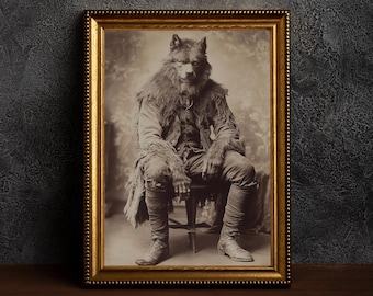 Werwolf Fotografie - Dark Academia Druck, Vintage Gothic Drucke, Kunst im alten Fotostil, okkultes Poster, Nostalgischer Fantasy Druck, Vintage Fotografie