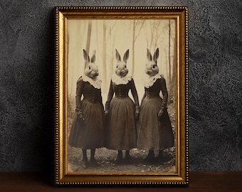 May include: A vintage photograph in a gold frame shows three women in long dresses with rabbit heads. The women are standing in a forest setting.