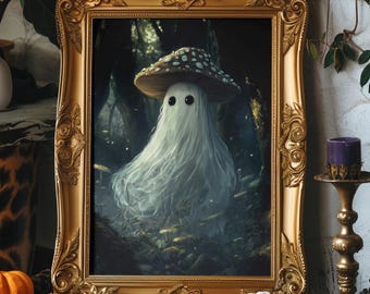 Pilzgeist-Wandbild | Goblincore-Waldgeist | Verspielter Waldgeist | Düsterer Cottagecore | Fliegenpilzgeist | Niedliche, gruselige Natur