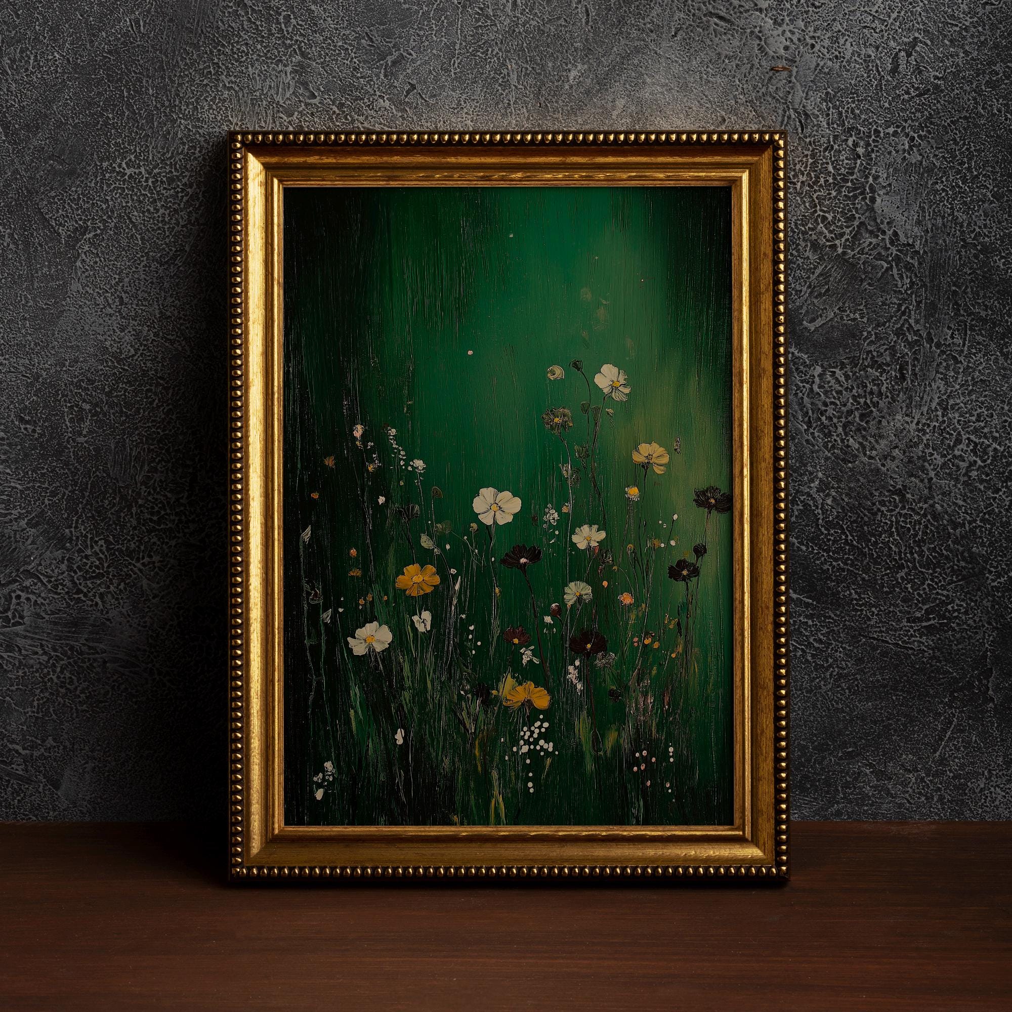 Emerald Green Flower Print,cottagecore Art,moody Wall Art,dark