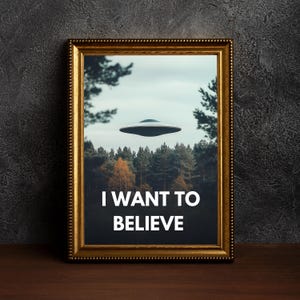 May include: A framed print with a picture of a flying saucer in a forest. The text "I WANT TO BELIEVE" is printed below the image.