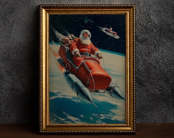 1950s Cosmic Christmas| Retro Xmas Sci Fi Holiday | Vintage Space Age Christmas | Santa Riding Rocket Sleigh | 1950s Holiday Artwork