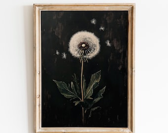 Impression d'art pissenlit | Art floral botanique dans Dark Academia, giclée Dark Academia, styles lugubres | Décoration murale élégante de pissenlit - Poster simple