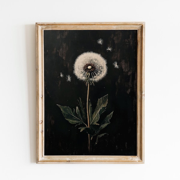 Dandelion Art Print | Botanical Flower Art in Dark Academia, Giclée Dark Academia,Moody Styles | Elegant Dandelion Wall Decor- Single Poster