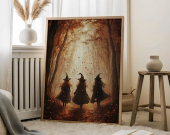 Three Chic Witch Goes for a Fall Stroll - Witch Portrait,Autumn Witch Art,Mystical Witch Print,Halloween Witch,Witch in forest,Haunted Witch