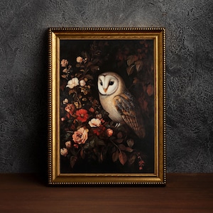 Forest Owl, Dark Academia Botanical Print, Moody Wall Art, Gothic Oil Painting, Victorian Goth Décor ,Dark Moody Painting,Midnight Owl Print