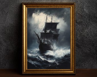 Oil Paint Stormy Sea Ship,Coastal & Ocean Aesthetic Dark Academia Decor,Moody Antique Art,Vintage Seascape,Dark Beach Art,Moody Ocean Prints