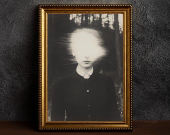 A Surreal Portrait in Forest, Adorned in Vintage Attire,Mystical Aura,Muted Tones Prints,Dreamlike Atmosphere,Horror Prints,Vintage Portrait