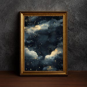 Vintage Enchanting Celestial Stars Art,Celestial Star Print,Night Art,Vintage Landscap,Celestial Moon Art,Night Sky Painting,Dark Academia